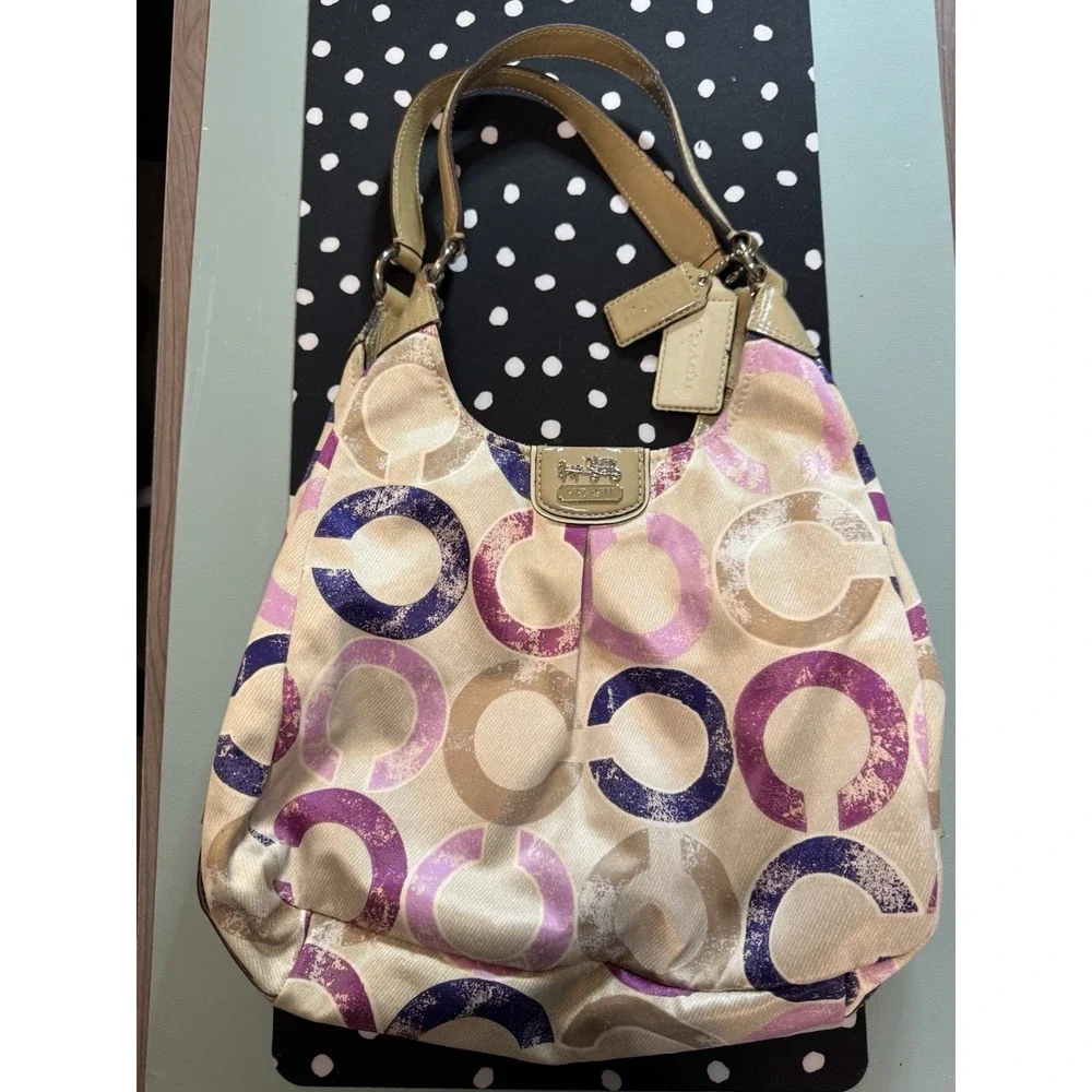 Coach Rare Hobo Bag Madison Signature Distressed Op Art Maggie Pink Purp #22289